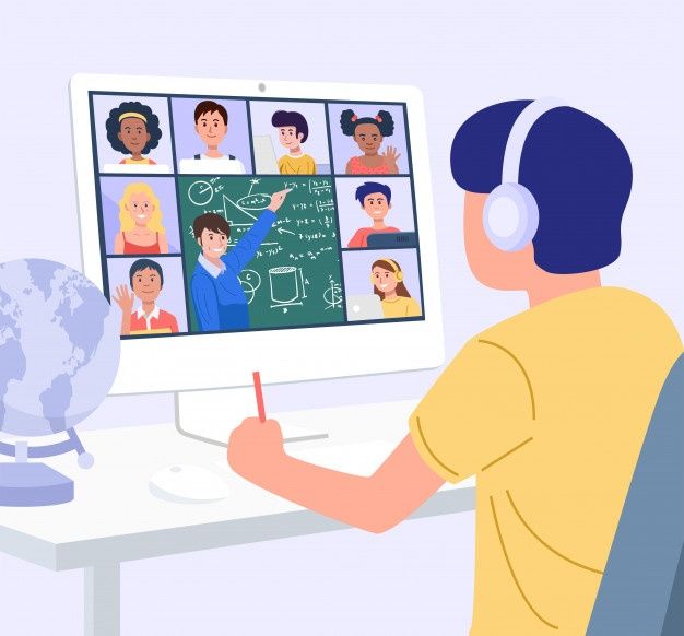 Conceito de educação em casa. Um menino aprendendo com o computador em casa. Vetor | Vetor Premium
